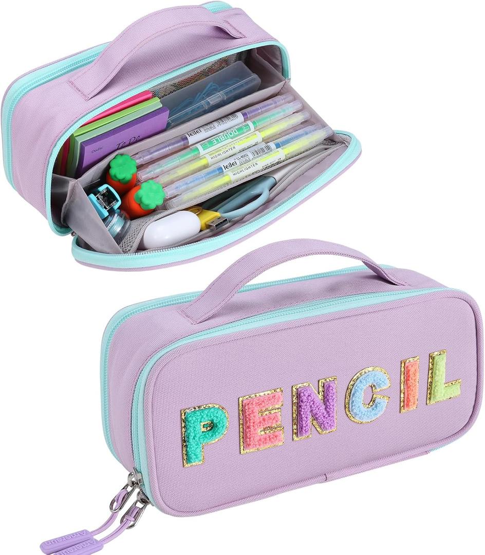 Amersun Large Capacity Pencil Case Pouch for Girl, Student, Women, Teen - Multi-Compartment, High Storage, Marker Pen Stationery Box Bag Organizer Holder for School College Office (Purple)