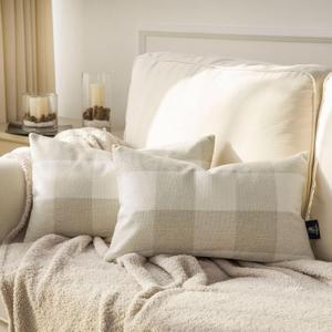 Phantoscope Pack of 2 Gingham Buffalo Check Plaid Throw Decorative Pillow Cover Outdoor Indoor Throw Pillows Farmhouse Square Pillow Cases for Home Decor Off White,12 x 20 Inches
