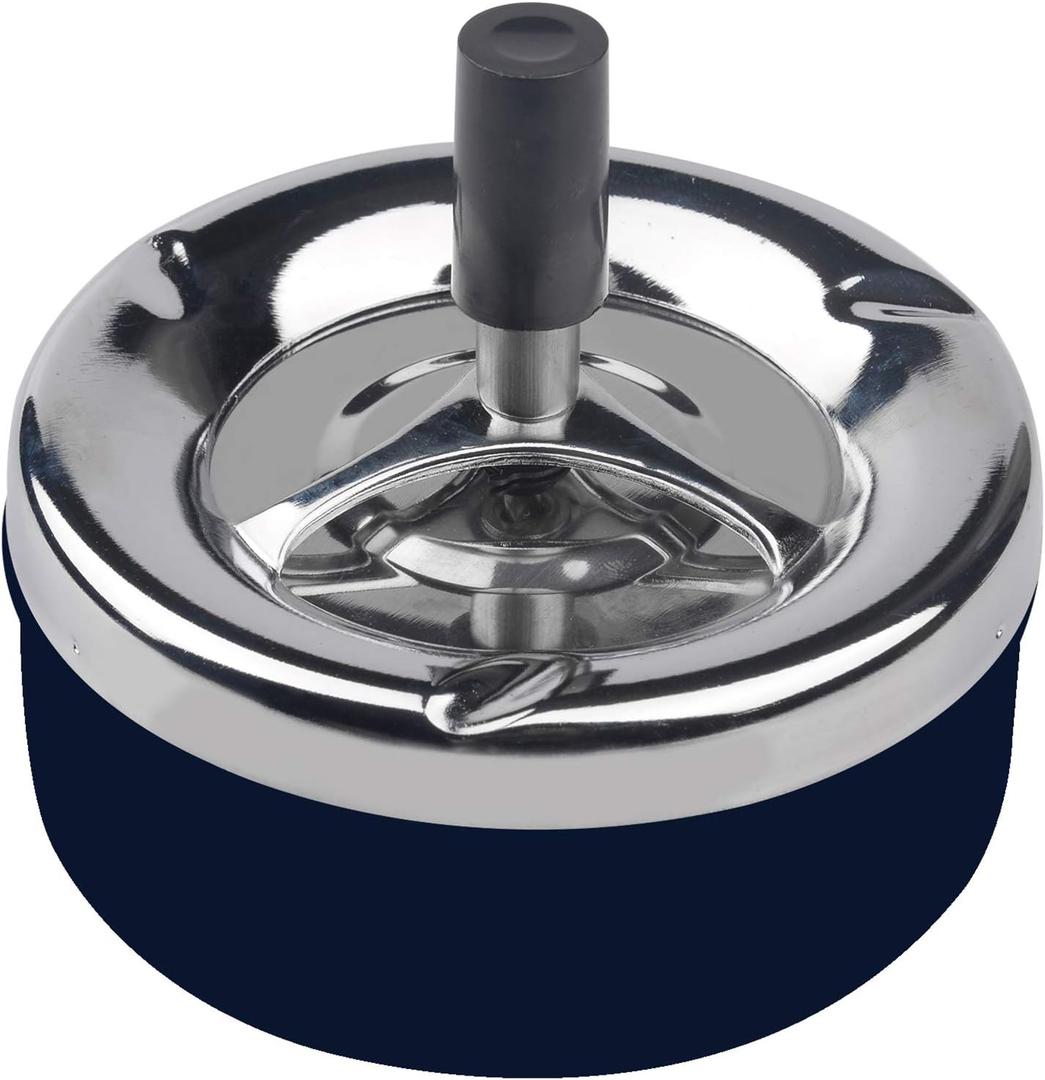 M Round Push Down Stainless Steel Modern Tabletop Cigarette Ashtray with Spinning Tray, Cigarette Ashtray for Indoor or Outdoor Use, Desktop Smoking Ash Tray for Home Office (Blue)