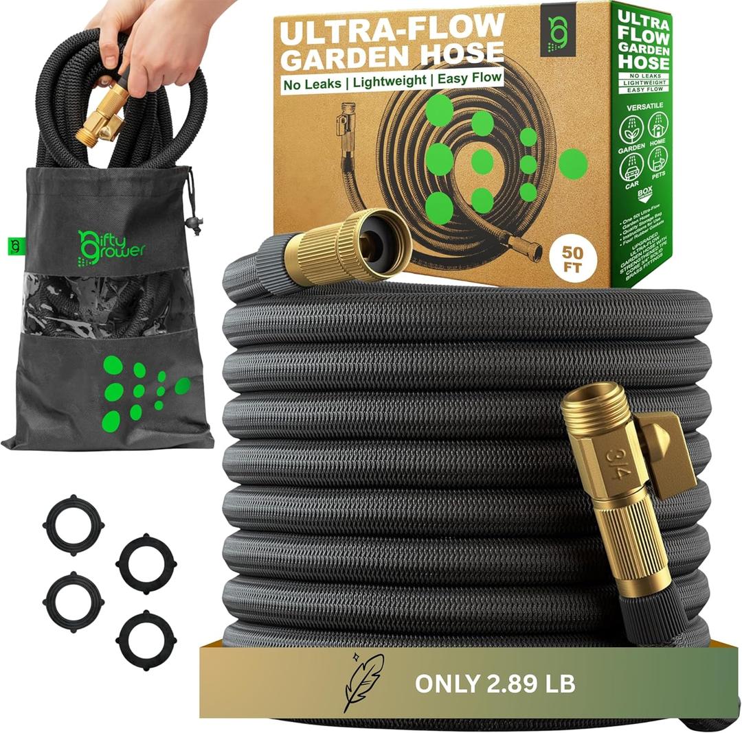 Easy to Use Garden Hose 50 FT, Lightweight and Leak-Proof Heavy-Duty Flexible Water Hose 50FT with Reinforced TPE Core, 3/4" Solid Brass Fittings, Ultra-Flow Manguera Para Jardin, Built to Last