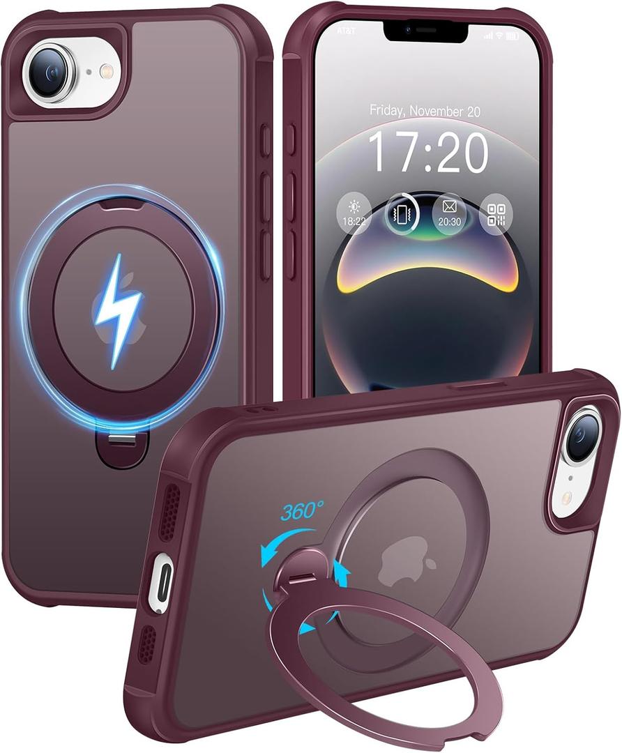 HuwaiH 360 Rotatable Magnetic Ring Stand for iPhone 16e Case, Compatible with MagSafe, Military-Grade Shockproof, Anti-Scratch Matte Translucent Phone Case for iPhone 16e(Burgundy)