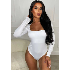 Yuiseaik Women's Square Neck Long Sleeve Bodysuit, Slim Fit One-Piece Top, Black White Beige (White, M)