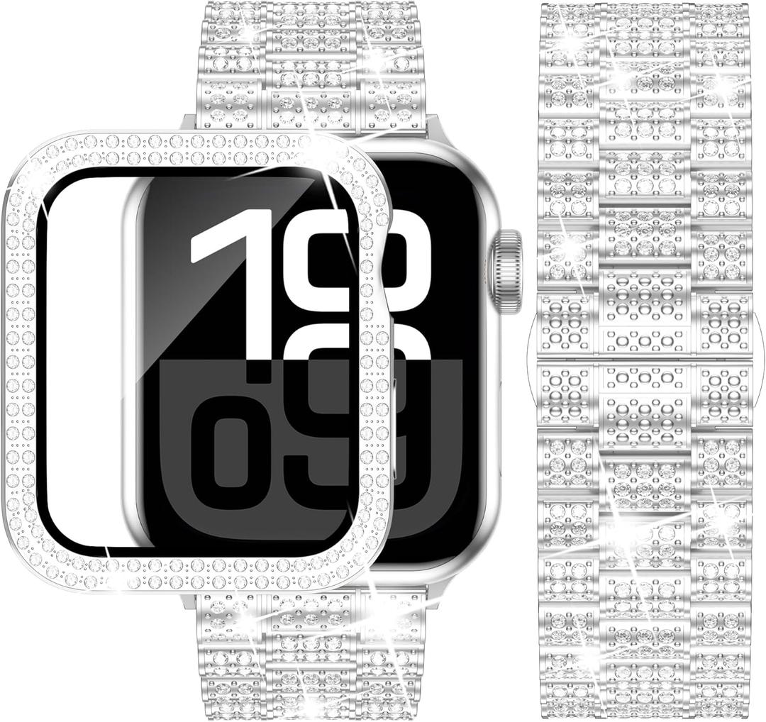 iiteeology Designed for Apple Watch Bands 46mm 45mm 44mm 42mm 41mm 40mm, Bling Diamond Case Band Kit Luxury Rhinestone Strap Series 11 10 9 8 7 6 5 4 SE 3 for Women (Silver)