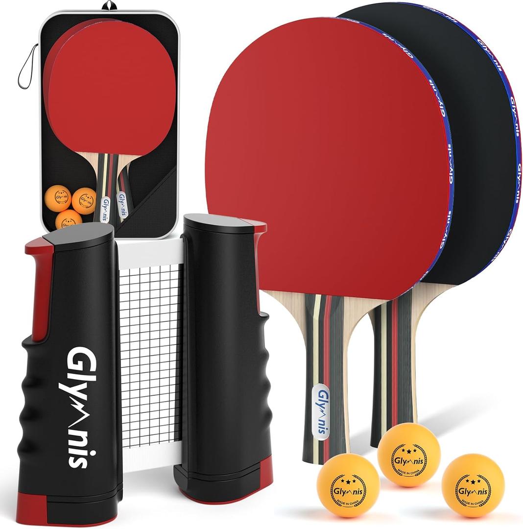 Glymnis Ping Pong Paddles Set, Ping Pong Balls with Retractable Net,Table Tennis Rackets with Carry Bag, Indoor/Outdoor Table Tennis Game Accessories