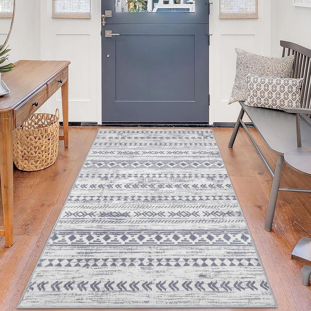 Boho 3x5 Area Rug for Living Room, Grey Blue Neutral Moroccan Washable Entryway Rugs Non-Slip, Ultra Soft Print Distressed Geometric Bedroom Rug Low-Pile Throw Carpet for Nursery Dorm