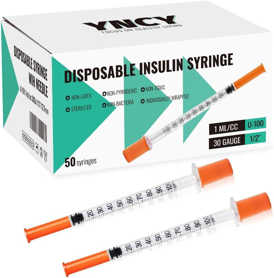 50 Pack Disposable Insulin Syringes U-100 1ml 30G 1/2inch
