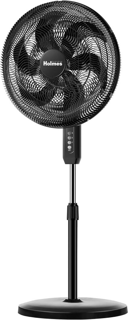 HOLMES BIG BREEZE 16" Stand Fan, Powerful Airflow, 80 Oscillation, 3 Speeds, 6 Blades, Adjustable Height, 30 Head Tilt, Ideal for Home, Bedroom, Gym or Office, Black