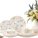 FHGNYSM Delicate Floral Dinnerware Set for 4,12-Piece Porcelain Lightweight Plates and Bowls Sets with Fine Sprigs and Blossoms, Ceramic Kitchen Dinner Set with Thin Gold Rim(English Garden Style)