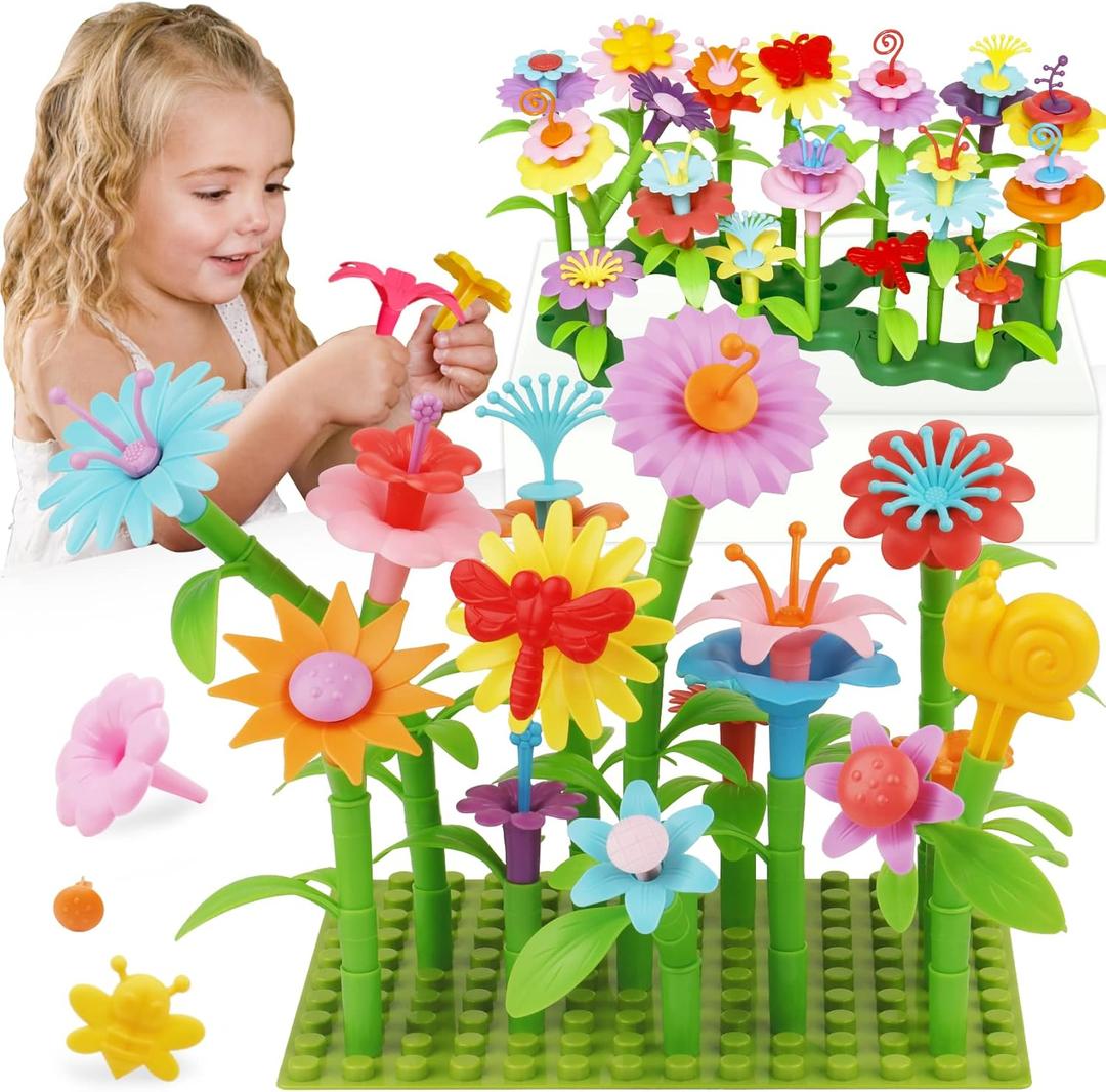 IQKidz 3-6 Years Old Toddler Toys - Flower Garden Building Toy with Insect Pegs, Educational Activity Gifts for Girls Preschool-Kindergarten, 153Pcs STEM Stacking Pretend Play Set