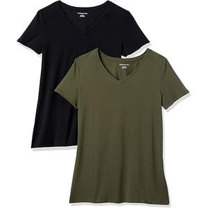  Essentials Women's Classic-Fit 100% Cotton Short-Sleeve V-Neck T-Shirt, Pack of 2, Olive/Black, X-Large