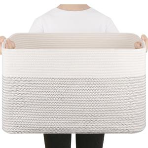 75L Large Blanket Basket, Cotton Rope Woven Storage Basket for Living Room, Toy Bin for Kids, Bedroom, Nursery, Baby Room Decorative Organizer, 22''17''12'', Black & White