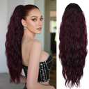 LEEONS 26 inch Drawstring ponytail Extension, Long Wavy pony tails hair extensions for Women - Synthetic Hairpiece Ponytail for Daily Use (Omber Black to Wine Red)