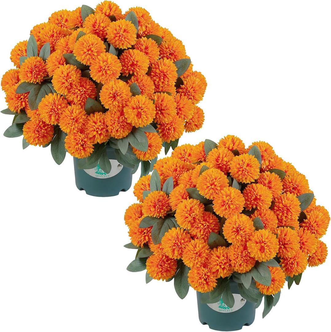 16" Artificial Mums Potted Plant, Faux Fall Chrysanthemum Flowers in Pot for Autumn Decor, Rustic Farmhouse Seasonal Decoration for Front Porch Entryway Indoor Outdoor Use (Orange)