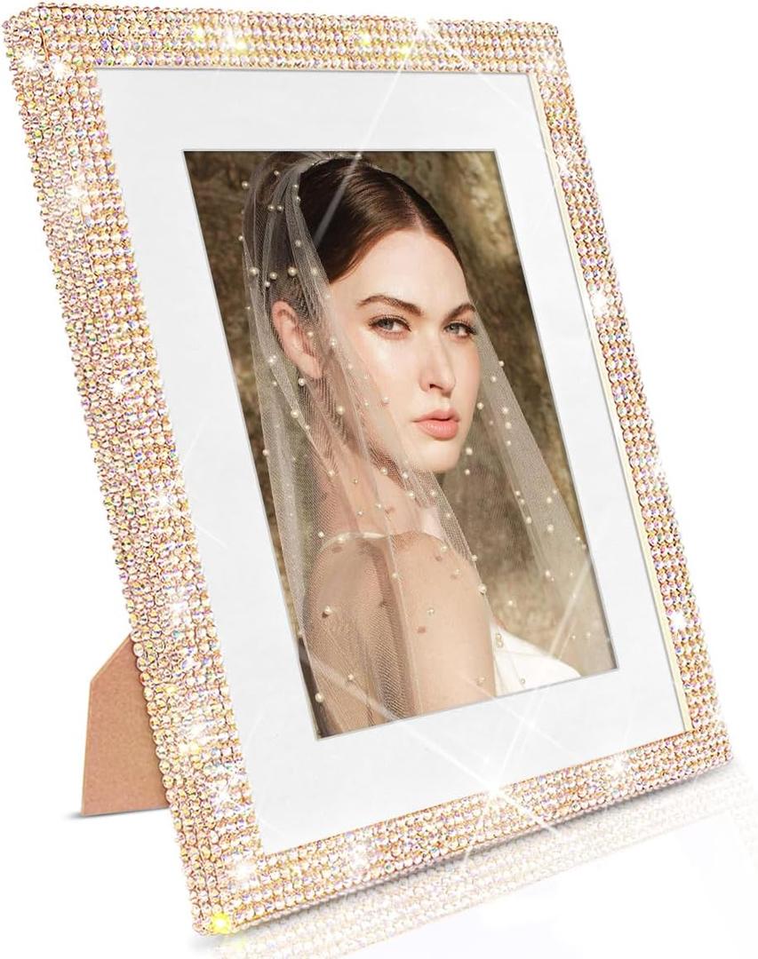 8x10 Bling Picture Frame, Display Pictures 5x7 with Mat or 8x10 Without Mat, Tabletop or Wall Mount Glitter Shiny Crystal Photo Frame With Sparkle Glass Rhinestones, Horizontally or Vertically (Golden)