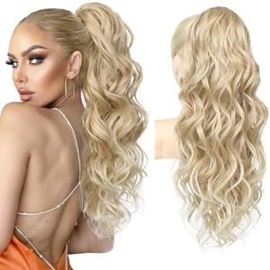 REECHO Ponytail Extension, 24" Claw Clip Ponytail Extension Wavy Ponytails Hair Extensions Jaw Clip on Pony Tails Natural Synthetic Hairpiece for Women Daily, Dark Blonde with Light Blonde Ends
