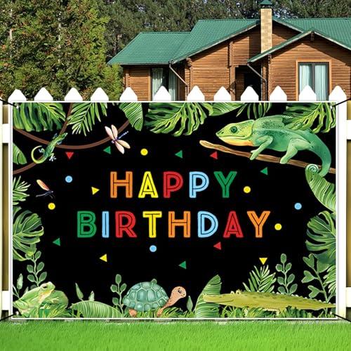 Renaiss 6x3.6ft Reptile Themed Birthday Banner Green Jungle Safari Swamp Birthday Party Decoration Crocodiles Lizard Frog Turtle Birthday Hanging Backdrop Kids Birthday Party Cake Table Banner