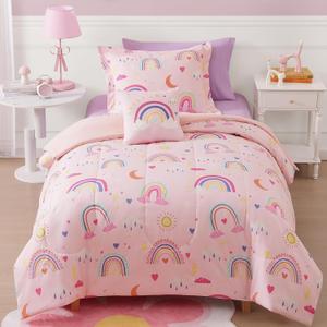 Glow in The Dark Twin Size Comforter Set for Girls, Pink Rainbow Bedding Set for Kids 1 Comforter, 1 Decor Pillow, 1 Pillow Sham
