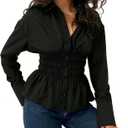 Women Long Sleeve Button Down Fitted Shirts Collared Cinched Waist Tops Office Work Blouse (Black, L)