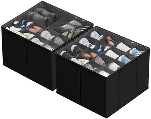 SUOCO 2 Pack Shoe Organizer for Closet, Fits up to 32 Pairs, Small Space Shoe Storage Boxes Bins Containers w/Adjustable Dividers and Clear Top, Black