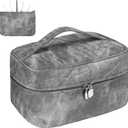 Makeup Bag, Portable Cosmetic Bag, Large Capacity Travel Makeup Case Organizer,Stylish Denim-Look Toiletry Bag for Women Girls With Handle and Removable Pouch (Grey)