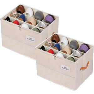 Shoe Organizer for Closet, Foldable Shoe Box Storage Containers with Clear Cover, Smooth Zipper, Reinforced Handles and Bottom Support, Space Saving Shoes Holder, Beige (2, Small)