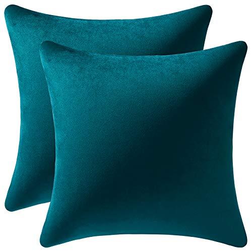 DEZENE Throw Pillow Covers 20x20 Teal: Pack of 2 Cozy Soft Velvet Square Modern Luxury Decorative Throw Pillow Cases for Sofa Couch Living Room Bed Home Decor