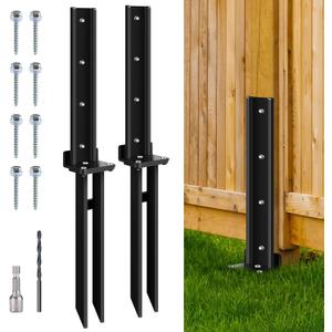 2 Pack Fence Post Anchor Kit, Heavy Duty Steel Fence Post Repair Stakes, Post Anchor Ground Spike for Repairing Tilted Broken Wood Support, Black