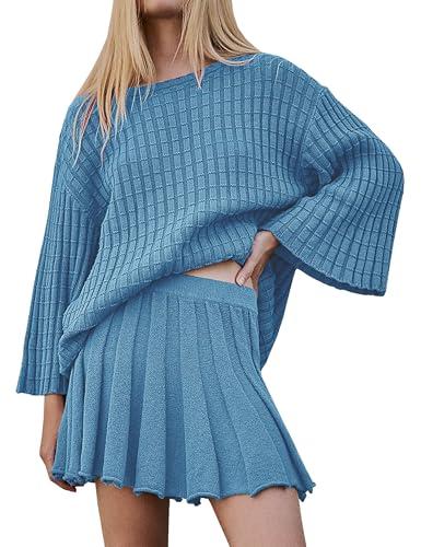 Tiko Miko Sweater Set 2 Piece Skirt Sets for Women Two Piece Outfits Casual Loose Knit Pullover Mini Skirt(0581-Blue-XL)