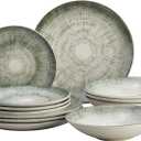 Corona 12-Piece Textured Modern Textured Finish Ceramic Dinnerware Sets, Plates and Bowls, Service For 4, Microwave and Dishwasher Safe, Elara