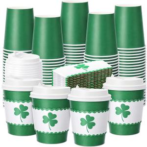 Jingmore 48 Pcs St. Patrick's Day Disposable Coffee Cups with Lids and Sleeves 8 oz Shamrock Disposable Drinking Cups for Irish Holiday Spring Party Supplies