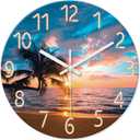 XFM Blue Nautical Beach Wall Clocks Battery Operated Palm Tree Wall Clocks for Living Room 12 Inch Round Glass Silent Wall Clock Non Ticking Sunset Clock
