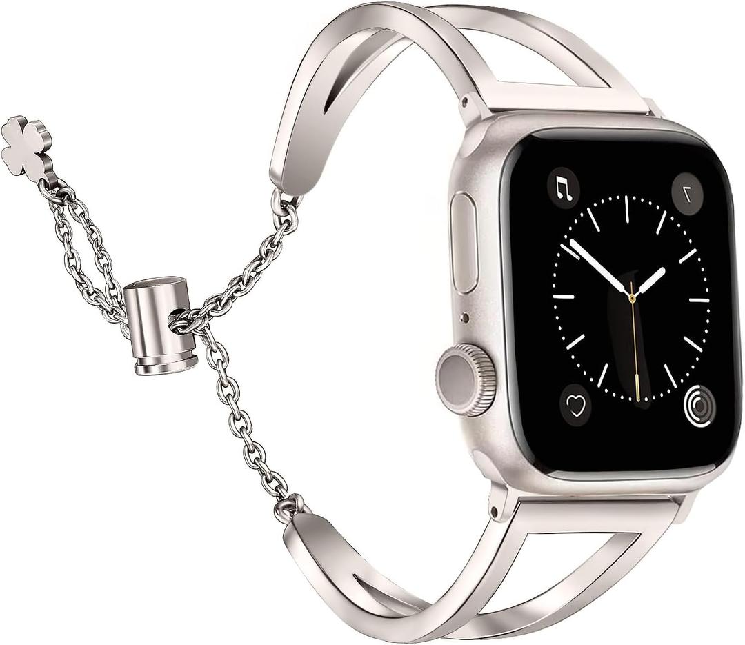 Secbolt Stainless Steel Bands Compatible with Apple Watch Band 38mm 40mm 41mm 42mm iWatch Series 10/ 9/ SE/ 8/ 7/ 6/ 5/ 4/ 3/ 2/ 1, Dressy Metal Bangle Bracelet Women, Starlight