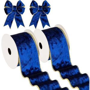 Briful Blue Velvet Ribbon 2.5 Inch Christmas Tree Ribbon with Metallic Wired Gold Edge Velvet Ribbons for Valentine's Day Gift Wrapping Wreaths Garland Big Bow Crafts Supplies(2 Rolls, 20 Yards)