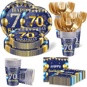 250PCS 70th Birthday Party Decorations for 50 Guests Blue and Gold Party Supplies for Men Include Disposable Paper Plates, Napkins, Cups, and Disposable Plastic Cutlery (70)