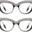 Cat Eye Reading Glasses Womens Bling Rhinestone Magnified Blue Light Blocking Reader Glasses (2 Pack White)