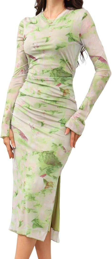 Women's Sexy Mesh Maxi Dress Y2K Flared Long Sleeve Floral Printed Side Slit Ruched Bodycon Party Long Dresses (15green)