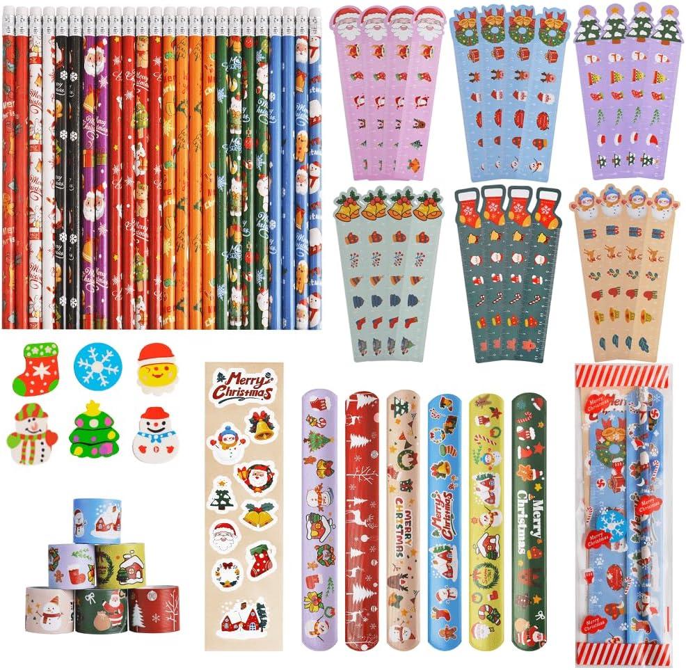 NVAZIOP Christmas Party Favors 24 Pack Stationery Set Bulk Goodie Bag Suffers Class Gifts Classroom School Holiday Treat for Students Stockings Pencils Rulers Erasers Stickers slap bracelets