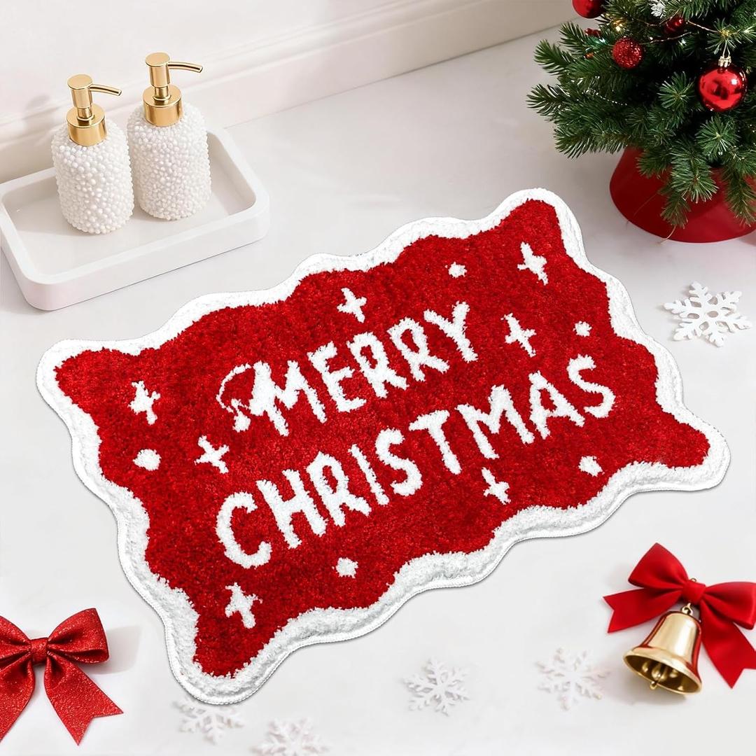 Mocsicka Christmas Bath Mat Red Merry Christmas Bathroom Rug Super Soft Absorbent Bathroom Rugs Non Slip Xmas Bath Mat Machine Washable Rug for Bathrooms 20x32 inches (1'8" x 2'8" (Rectangular))