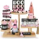 Pink Halloween Decorations 8PCS Tiered Tray Decor, Cute Girlie Tabletop Halloween Decor for Home Tray Shelf Fireplace Mantel Office Desk Table Centerpieces Farmhouse Rustic Spooky Wood Signs