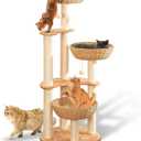 54" Modern Cat Tree Tower for Indoor Cats, Oak Cat Scratching Tree for Multiple Large Cats, Manual Hand Woven Luxury Cat Condo, Unique High-end Design Cat Furniture Activity Centre, Easy Clean