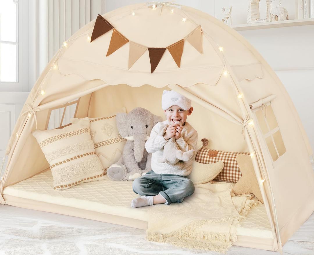 Full Size Bed Tent Canopy, Kids Play Tent with Flags & Star Lights, Canopy on Bed Privacy Space Sleeping Blackout Tents, Indoor Breathable Portable & Foldable, XL Large Cream Castle Style (78.7 x 56.3 x 51.2 in)