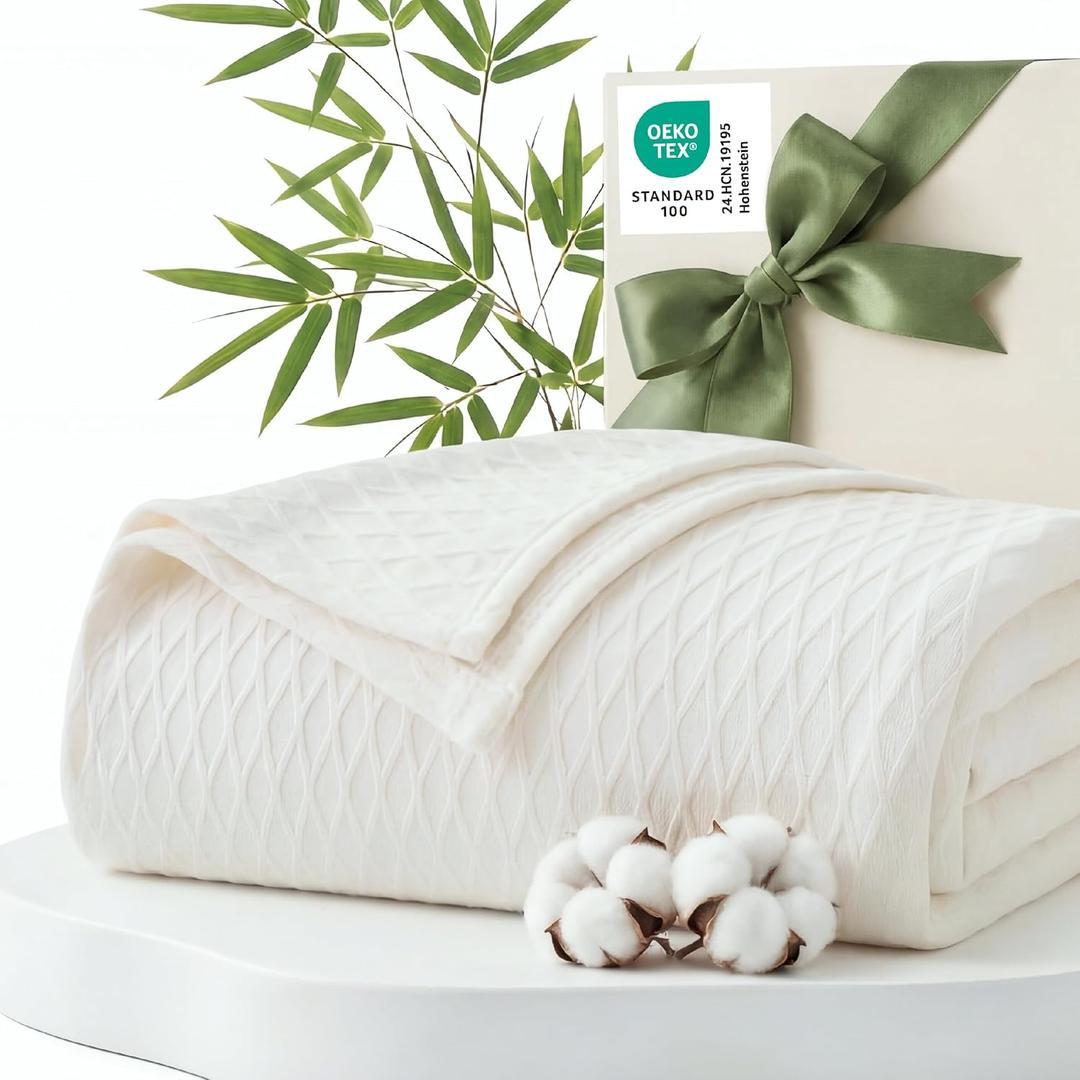Bedsure Cooling Blanket of Rayon Derived from Bamboo - Lightweight Breathable Cotton Summer Blankets Queen Size for Hot Sleepers, Luxury Throws for Bed, Couch and Sofa, White, 90x90 Inches