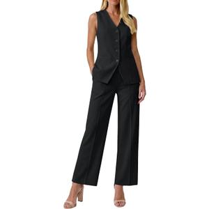 luvamia Vest Pants Suits for Women Dressy 2 Piece Sets Sleeveless Blazer Straight Leg Dress Pants Business Casual Outfit, Black, Large