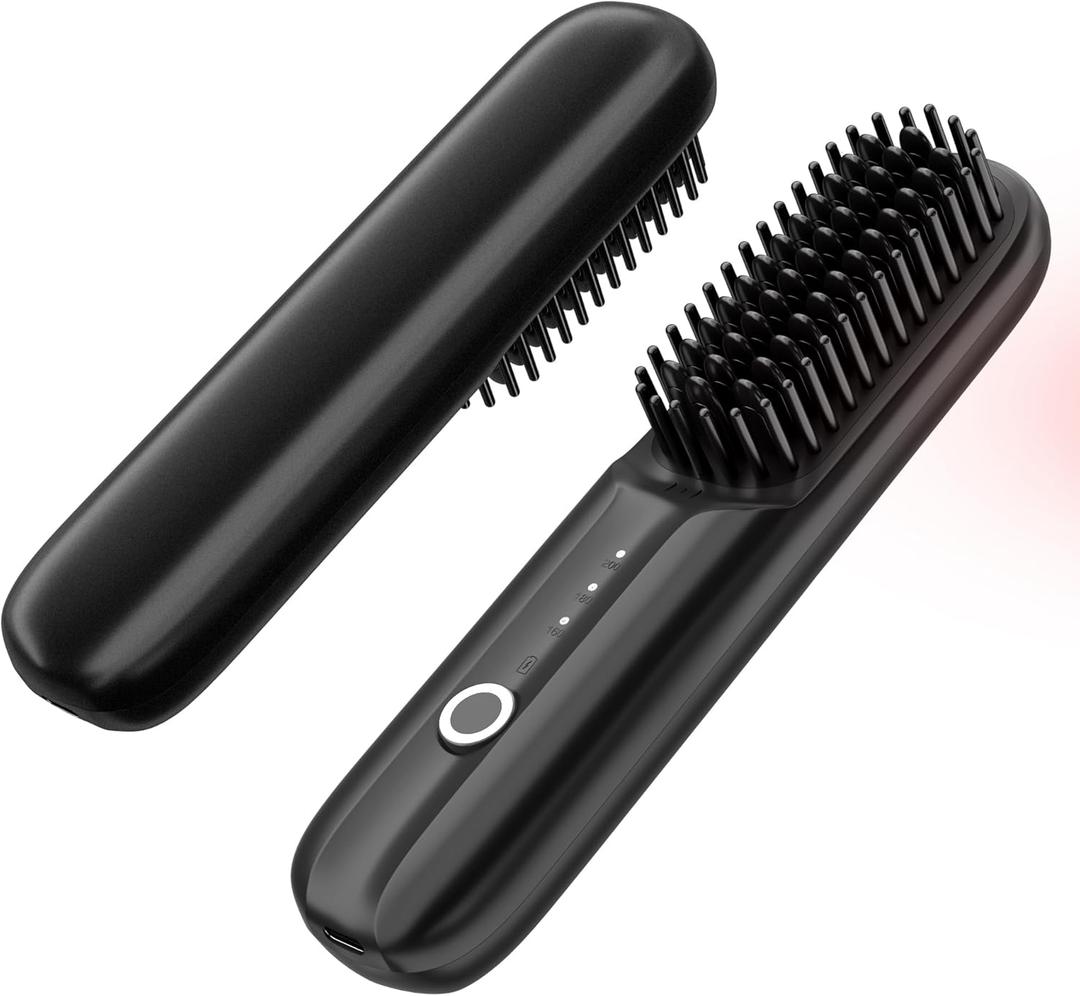 Cordless Hair Straightener Brush, Portable Straightening Brush for Women, Mini Negative Ion Hot Comb for Travel, 30Mins Auto-Off, USB Rechargeable, Fast Heating 3 Temperature Settings (Black)