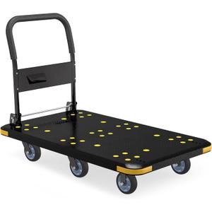 Heavy-Duty Foldable Platform Cart with 6 Wheels & 2000 LB Capacity - 360 Swivel & Fixed Casters, Collapsible Push Cart Dolly Black Plastic Trolley, 5" Wheels, Spare Tire & Anti-Collision Corners