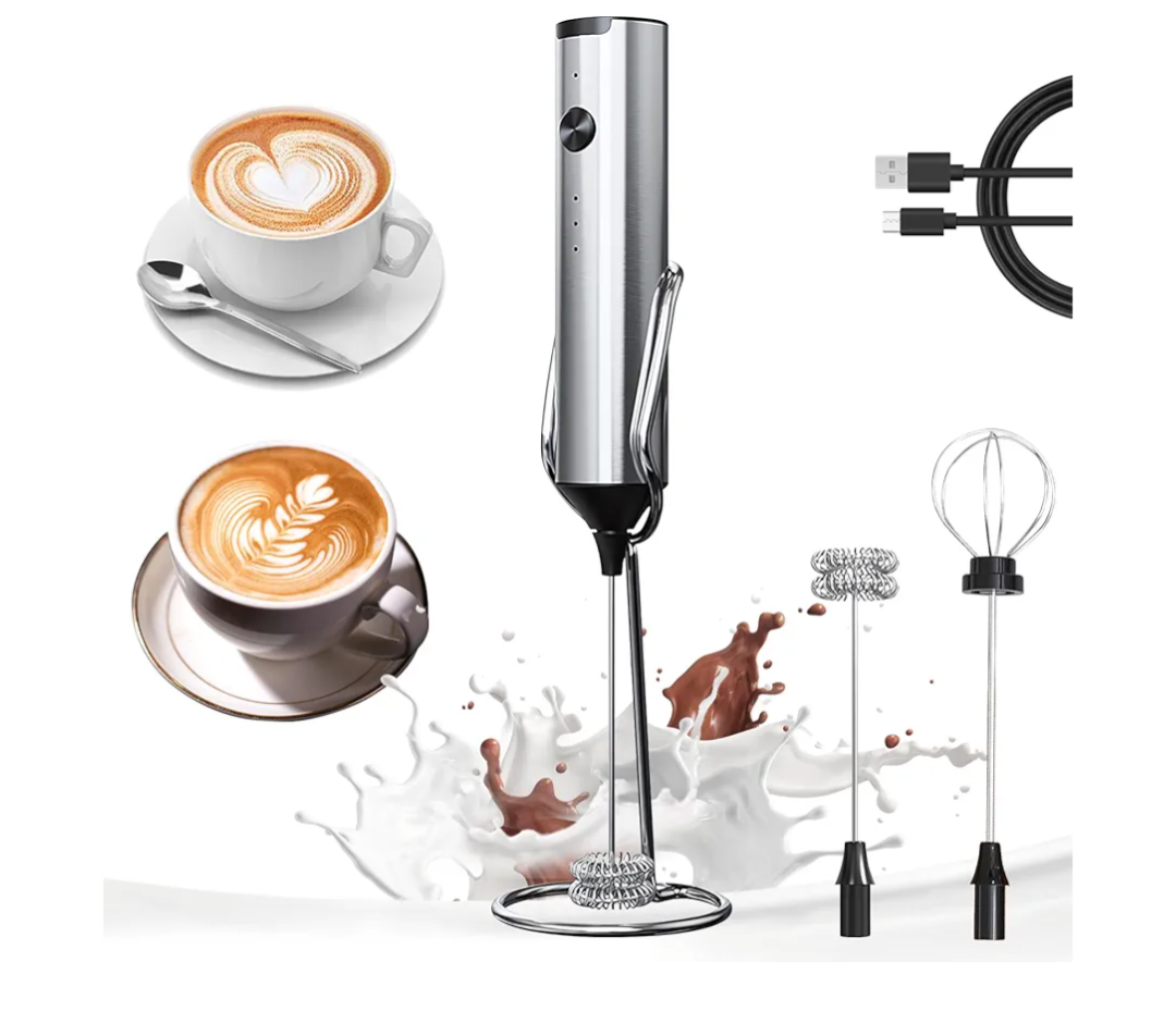 Rechargeable Milk Frother with Stand, Coffee Frother Stirrer Wand, Handheld Drink Mixer with Stainless Steel Whisk, Electric Whisk Foam Maker for Lattes, Cappuccino, Matcha, Protein Powder