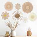 Chunful 7 Pcs Boho Wall Basket Decor Rattan Flower Wall Decor Nursery Daisy Flower Woven Macrame Hanging Flowers for Baby Kids Girls Farmhouse Bedrooms Living Rooms Kitchen Home(Light Beige Yellow)