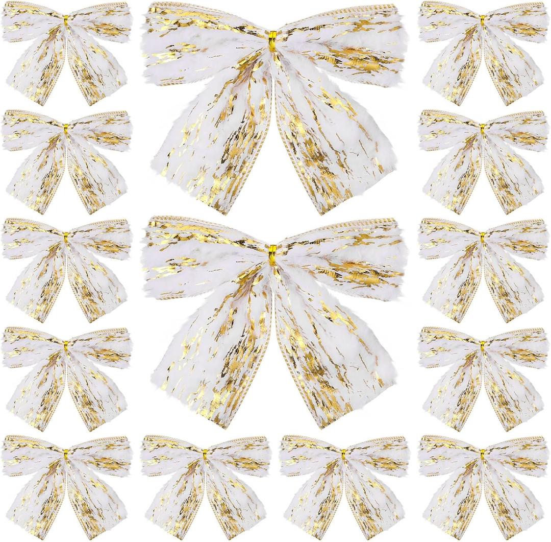 Soulchen 12 Pcs White and Gold Christmas Bows 6 Inch Ivory Faux Fur Wired Ribbon Bows for Christmas Tree Decoration, Garlands and Wreaths, Gift Wrapping, DIY Crafts, Home Decor
