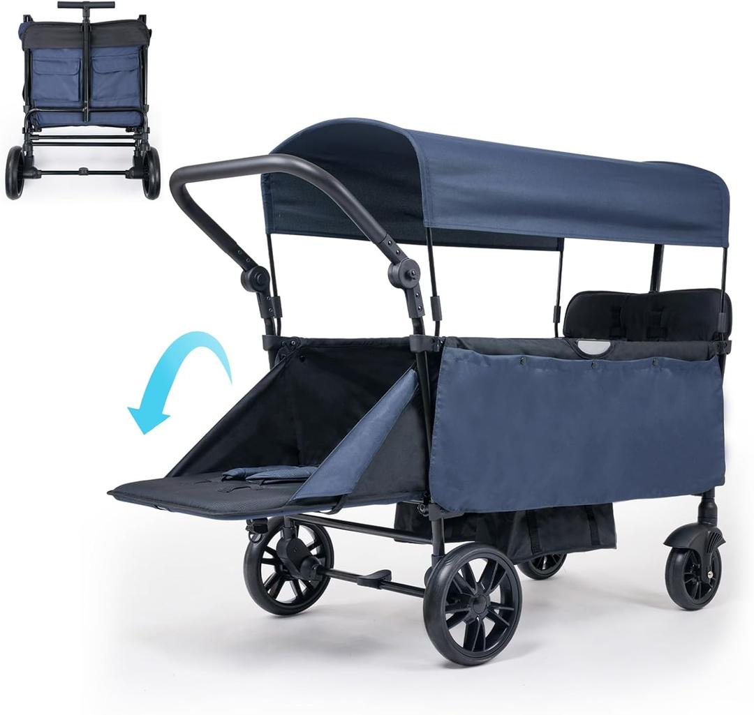 Infant Master Collapsible Wagon with Canopy and Large Wheels - All-Terrain Heavy Duty Folding Cart for Sports, Shopping, Camping - 400L Capacity, Adjustable Handle, 2 Child Restraints, Blue