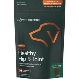 VetriScience Senior Healthy Hip & Joint Soft Chews, GlycoFlex Glucosamine, Green-Lipped Mussel, and Carnitine Joint Supplement for Dogs, Chicken, 120 Count